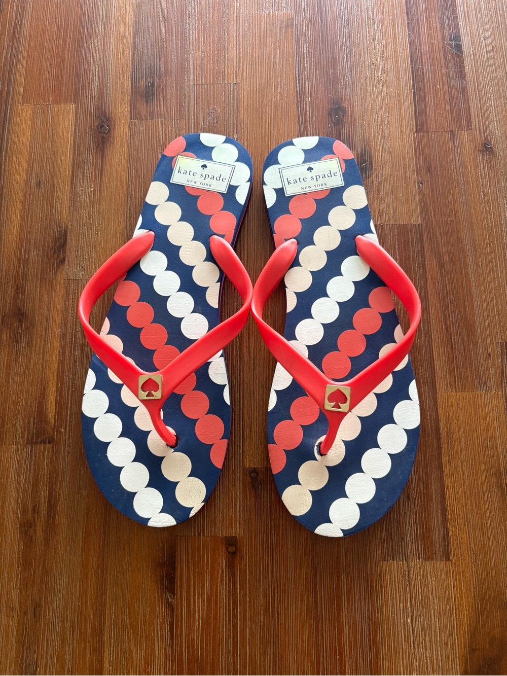 kate spade navy, red & cream polka dot flip flops